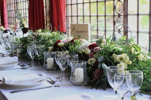 Centre de table chateau de Vallery Cérémonie Sycomore fleurs mariage Chateau de Vallery Décoration florale fleurs d'un jour